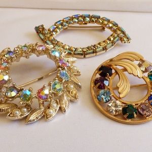 3 GOLD COLOR AURORA BOREALIS CRYSTAL BROOCH PINS